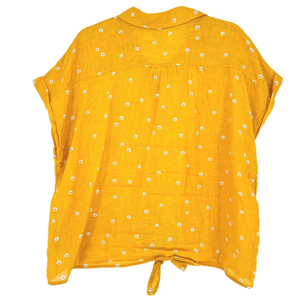 Old Navy Button Down Top Womens XL Yellow Daisy Linen Blend Floral Tie Front - Picture 2 of 4